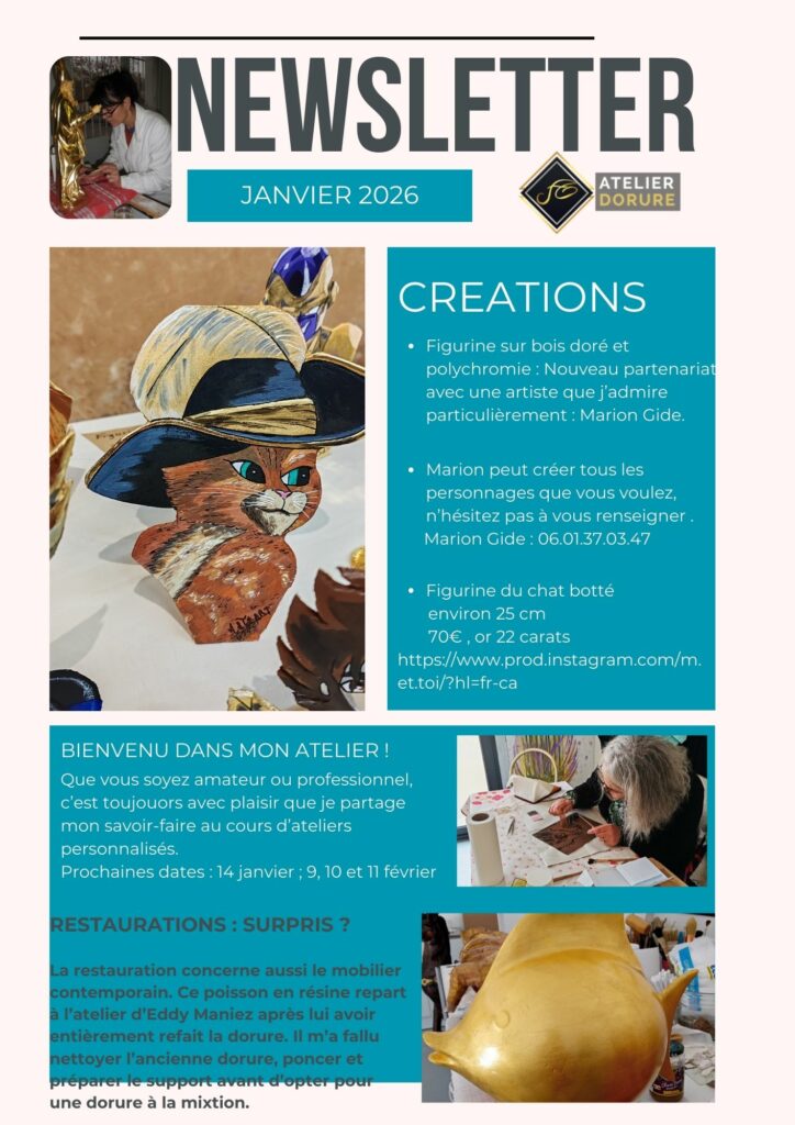Bulletin d'information de l'atelier dorure d'Annie Gaudin, janvier 2026
