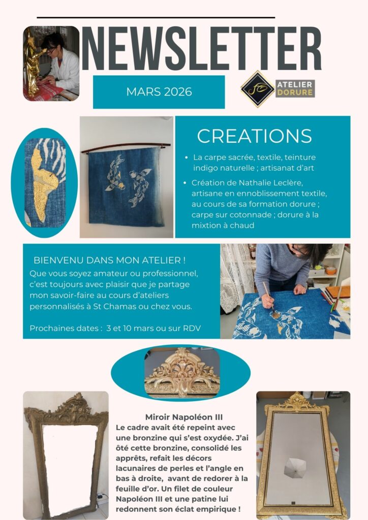Bulletin d'information de l'atelier dorure d'Annie Gaudin, mars 2026