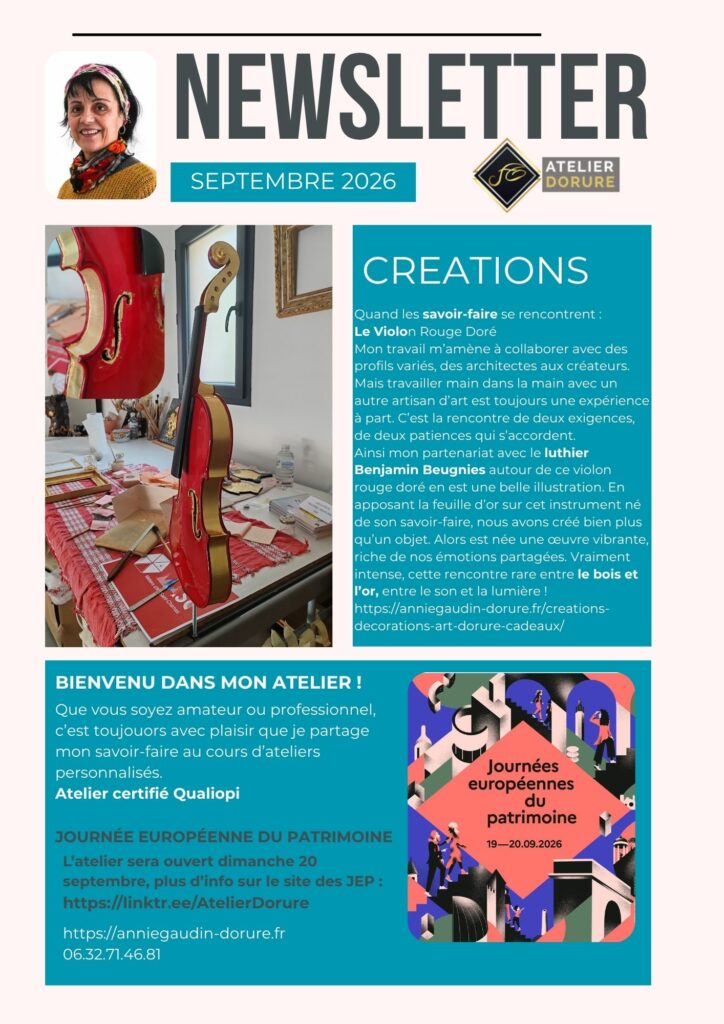 Infos du mois de septembre de l'Atelier Dorure d'Annie Gaudin