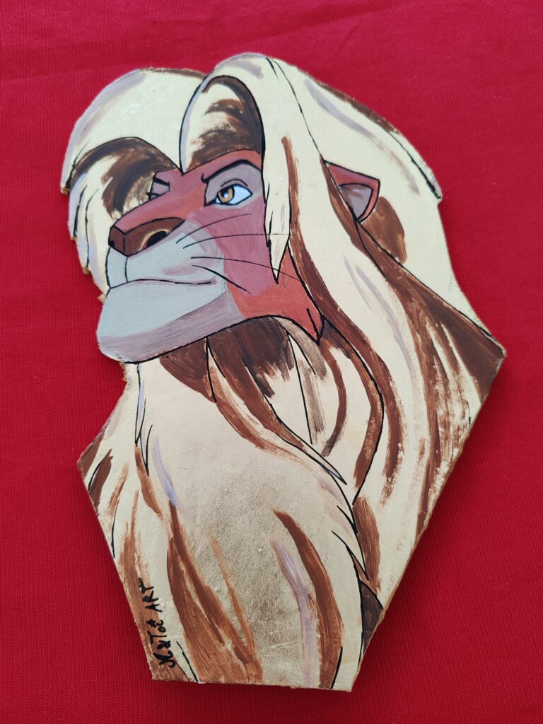 Figurine de lion, découpée dans du bois medium de 0,5 cm d'épaisseur, peinture acrylique et feuilles d'or