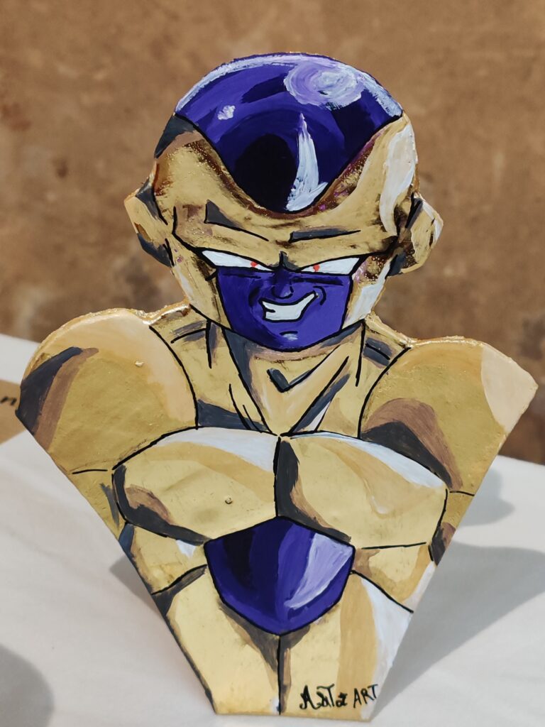 Figurine de Freezer, découpée dans du bois medium de 0,5 cm d'épaisseur, peinture acrylique et feuilles d'or